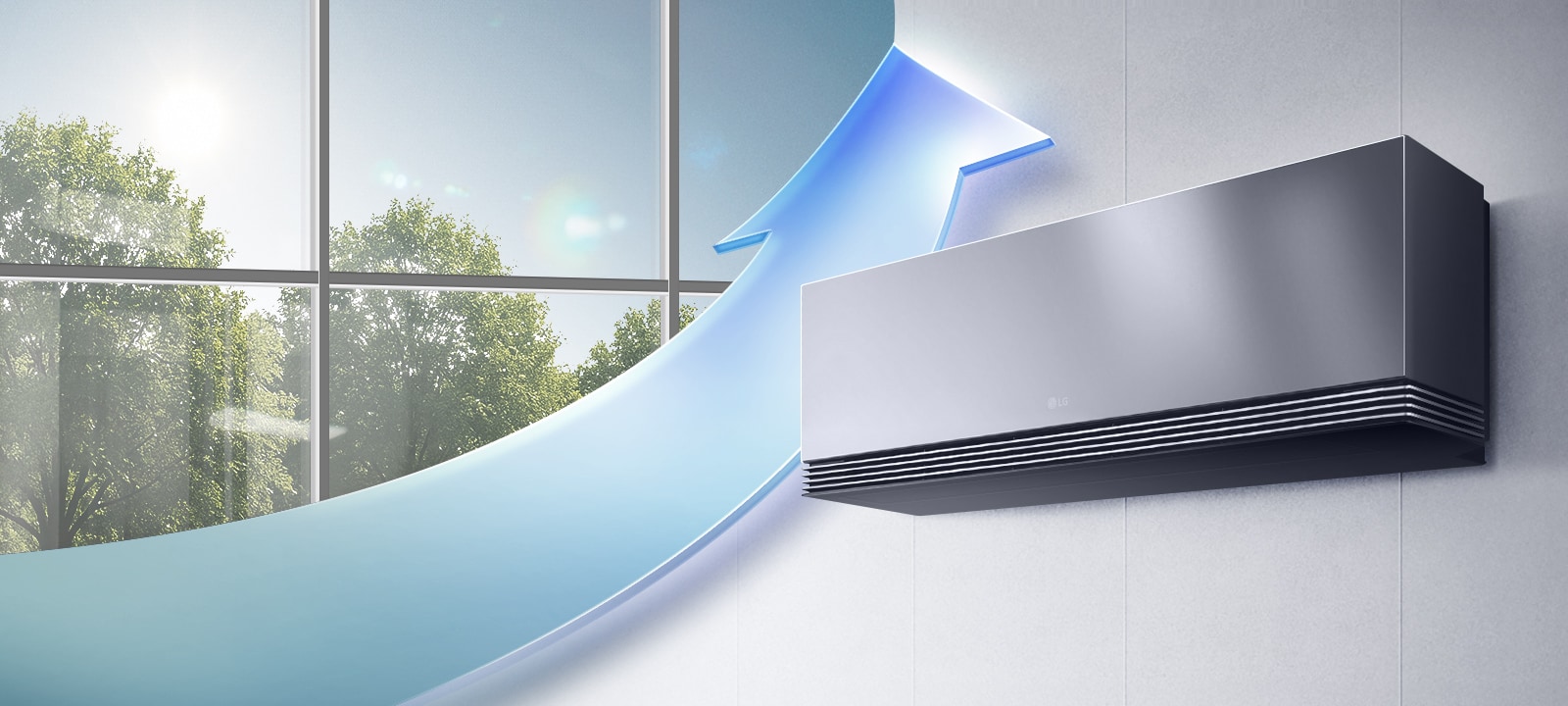 Wall-mounted LG air conditioner with blue airflow arrow, window background transitioning from day to night.