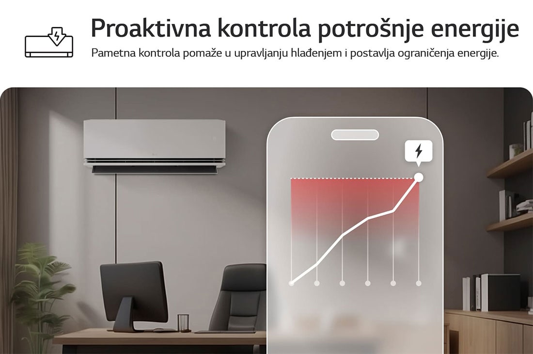 LG Κλιματιστικό 24.000 BTU DUALCOOL AI Air Single Split, Κλιματιστικό LG με δυνατότητα Προληπτικού ελέγχου ενέργειας. Ένα smartphone δείχνει ένα γράφημα ενέργειας με μια κόκκινη ειδοποίηση, διαχείριση ψύξης και όρια. Κείμενο: «Προληπτικός έλεγχος ενέργειας., H24S1DA, thumbnail 5
