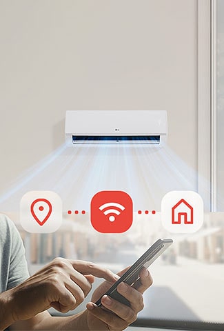 Κλιματιστικό προψύχει ένα δωμάτιο πριν την άφιξη, με εικονίδια αυτοκινήτου, Wi-Fi και σπιτιού που δείχνουν τηλεχειριστήριο.