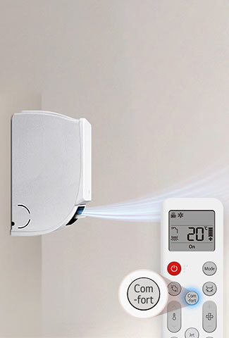 Η εικόνα του Comfort Air, με ένα τηλεχειριστήριο που ρυθμίζει τη γωνία του πτερυγίου για έμμεση ροή αέρα.