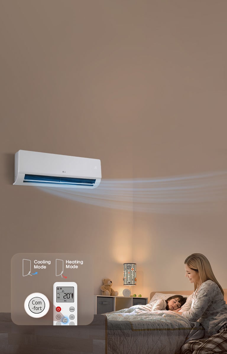 Εικόνα ενός κλιματιστικού που φυσάει απαλά αέρα ψύξης ενώ μια μητέρα παρακολουθεί το παιδί της να κοιμάται.