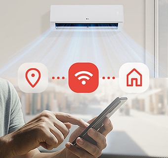 Κλιματιστικό προψύχει ένα δωμάτιο πριν την άφιξη, με εικονίδια αυτοκινήτου, Wi-Fi και σπιτιού που δείχνουν τηλεχειριστήριο.