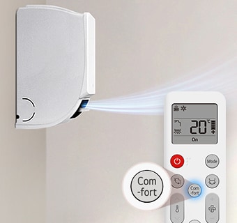 Η εικόνα του Comfort Air, με ένα τηλεχειριστήριο που ρυθμίζει τη γωνία του πτερυγίου για έμμεση ροή αέρα.
