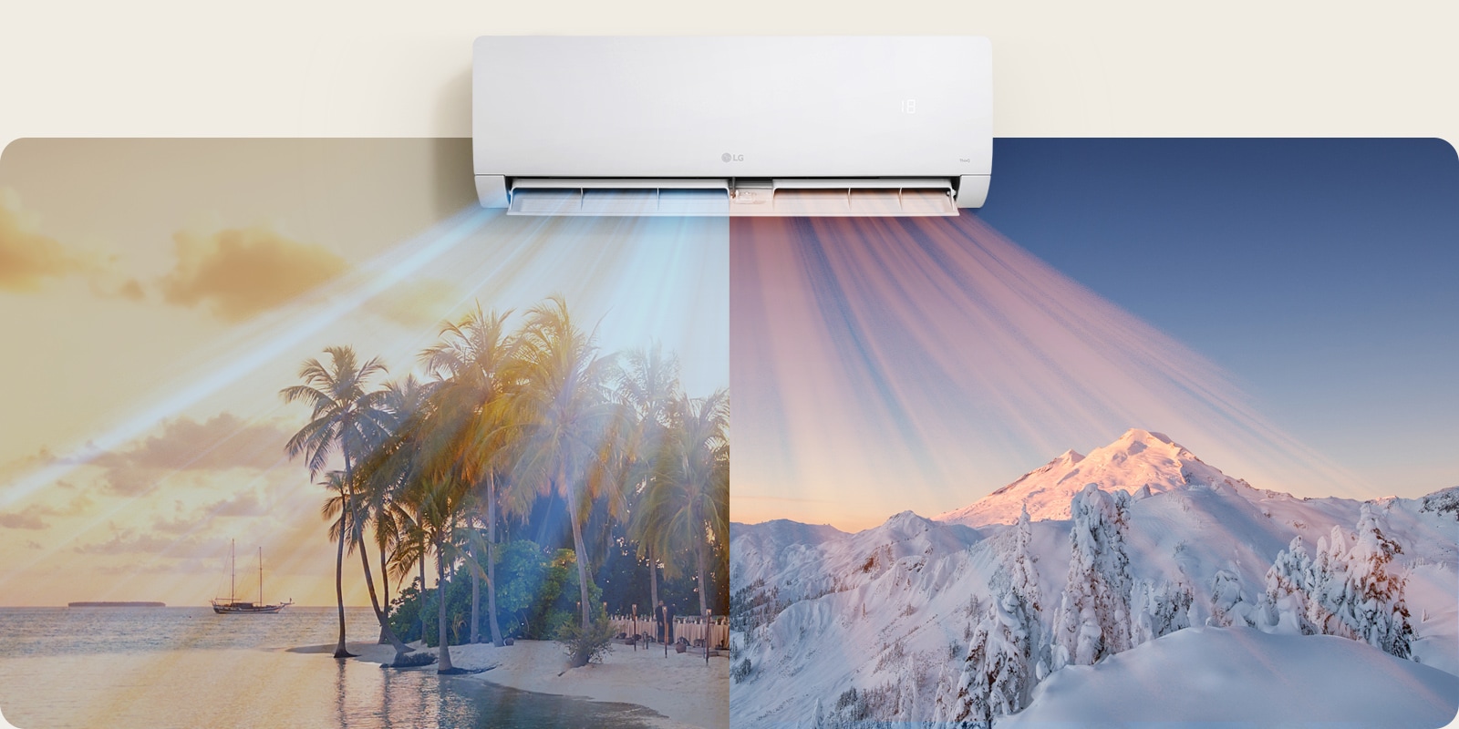 Εικόνα κλιματιστικού που φυσάει κρύο αέρα στη μία πλευρά και ζεστό αέρα στην άλλη, δείχνοντας τις δύο λειτουργίες ροής αέρα.