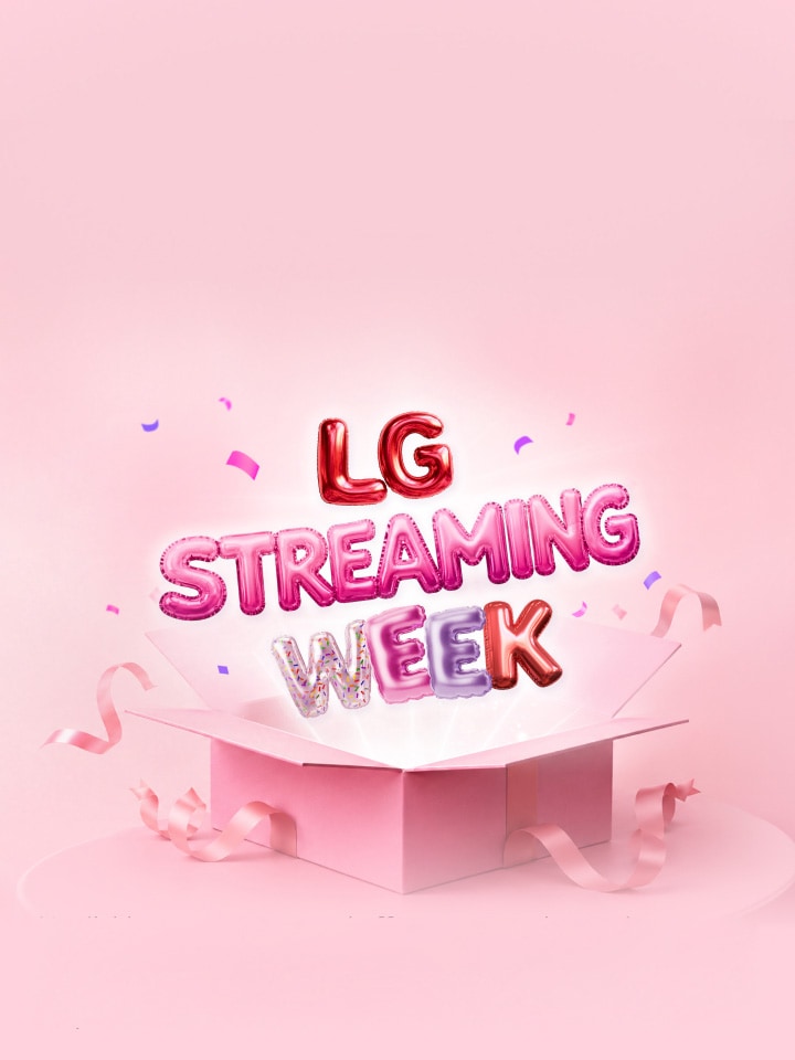 Πολύχρωμα γράμματα σε στυλ μπαλονιού «LG Streaming Week» αναδύονται από ένα ανοιχτό ροζ κουτί δώρου, περιτριγυρισμένα από κορδέλες και κομφετί σε απαλό ροζ φόντο.