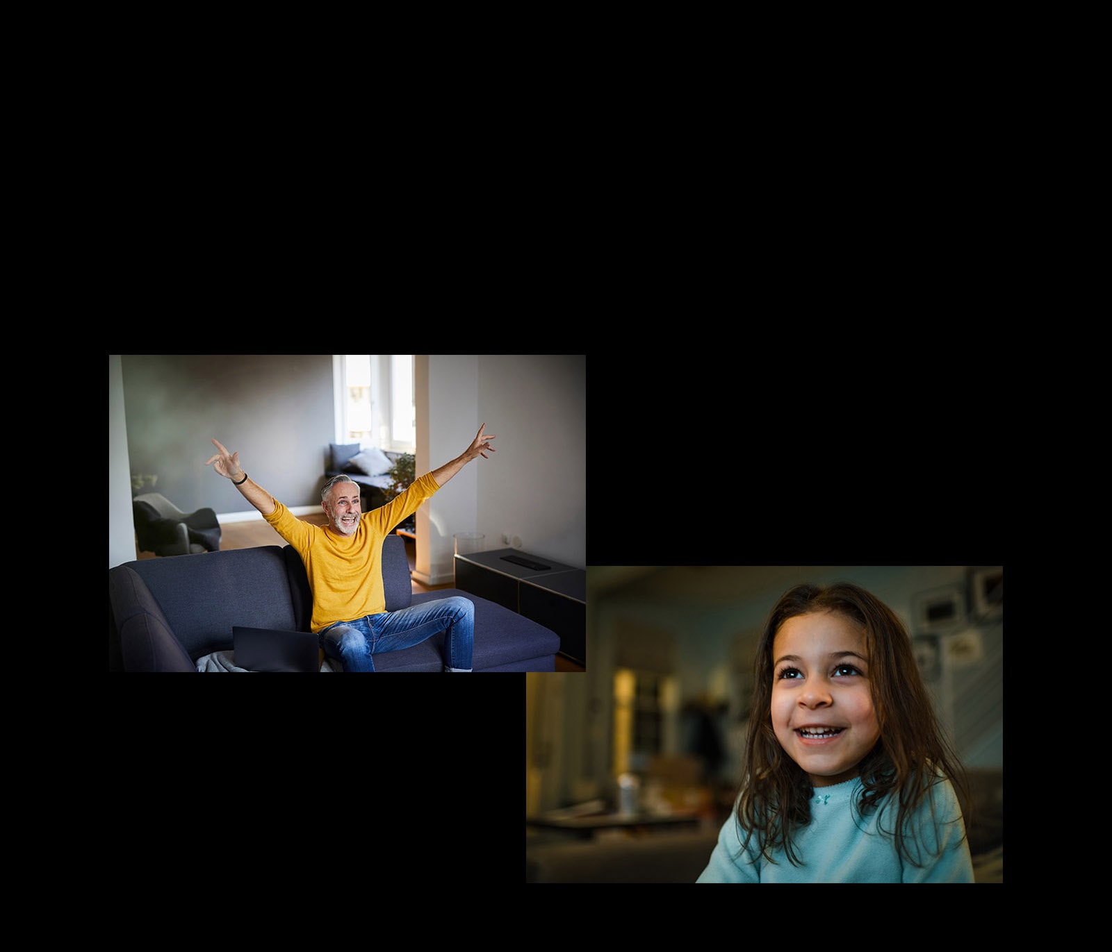 Ένας παππούς κάθεται σε έναν καναπέ στο σαλόνι και παρακολουθεί κάτι χαρούμενος στην εικόνα της πάνω αριστερής γωνίας. Ένα κορίτσι παρακολουθεί κάτι χαρούμενο.