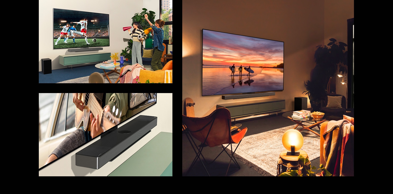 Μια πλαϊνή όψη προφίλ μιας LG OLED evo C4 απεικονίζει φωτογραφία τοπίου σε ένα άνετο σαλόνι μποέμ στυλ με ζεστά φώτα.   Δύο γυναίκες απολαμβάνουν και ζητωκραυγάζουν καθώς παρακολουθούν έναν αγώνα ποδοσφαίρου σε μια LG OLED evo C4 σε ένα φωτεινό και άνετο σαλόνι. Το LG Soundbar SC9 είναι κομψά συνδεδεμένο στην τηλεόραση.   Μια κοντινή όψη υπό γωνία μιας LG OLED evo C4 που συνδέεται με το LG Soundbar SC9 με το Synergy Bracket. 
