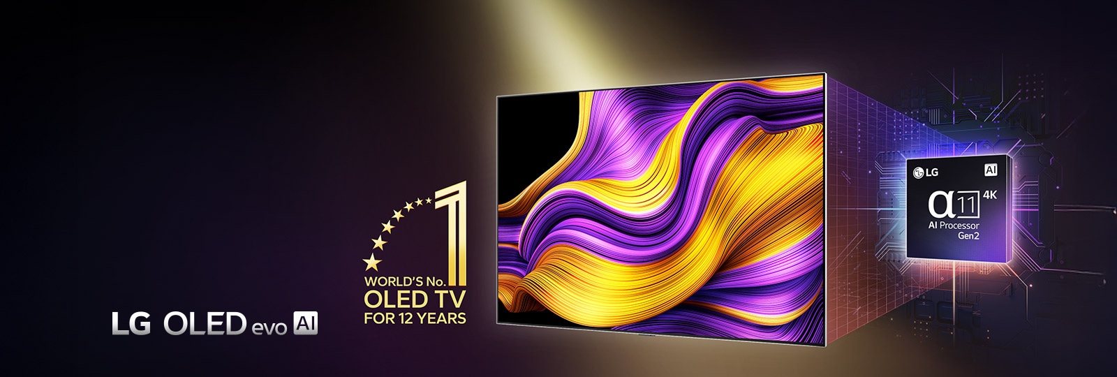 Μια LG OLED TV με ένα πολύχρωμο αφηρημένο έργο τέχνης στην οθόνη της και τον επεξεργαστή alpha 11 AI Processor Gen2 να επισημαίνεται πίσω της. Έντονα φώτα εκτοξεύονται από τον επεξεργαστή και την τηλεόραση, παρουσιάζοντας την προηγμένη της τεχνολογία. Το έμβλημα «World's number one OLED TV for 12 Years» φαίνεται επίσης. 
