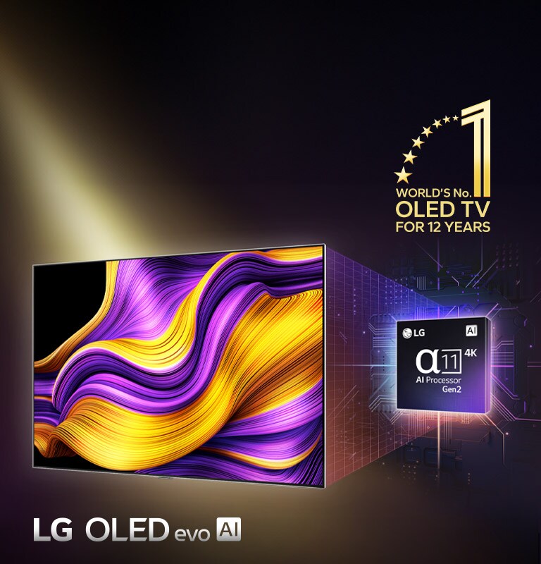 Μια LG OLED TV με ένα πολύχρωμο αφηρημένο έργο τέχνης στην οθόνη της και τον επεξεργαστή alpha 11 AI Processor Gen2 να επισημαίνεται πίσω της. Έντονα φώτα εκτοξεύονται από τον επεξεργαστή και την τηλεόραση, παρουσιάζοντας την προηγμένη της τεχνολογία. Το έμβλημα «World's number one OLED TV for 12 Years» φαίνεται επίσης. 