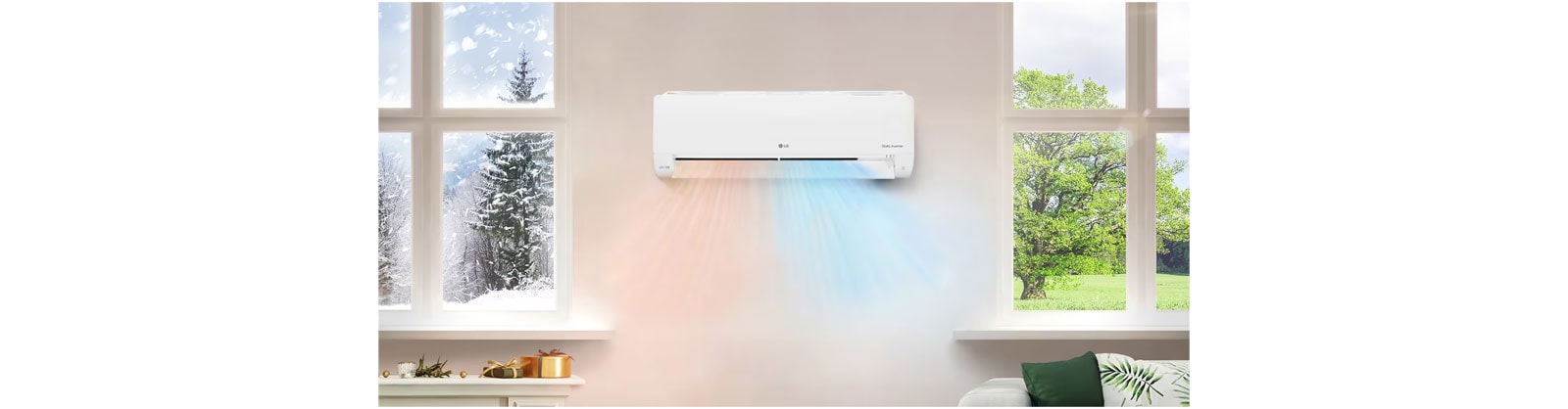 Στη μέση του αριστερού παραθύρου φαίνεται ένα χιονισμένο τοπίο. Στο δεξί παράθυρο σε ένα ζεστό ξύλινο περιβάλλον, βγαίνει ζεστός αέρας από το κλιματιστικό.