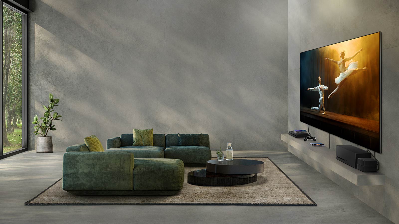 Μια εικόνα κίνησης της LG OLED T σε ένα κομψό δωμάτιο με το AV Box να προβάλλεται σε πολλά διαφορετικά σημεία.