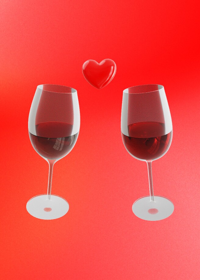 Δύο ποτήρια κρασιού τσουγκρίζουν μαζί με το σκίτσο μιας κόκκινης καρδιάς ανάμεσά τους.
