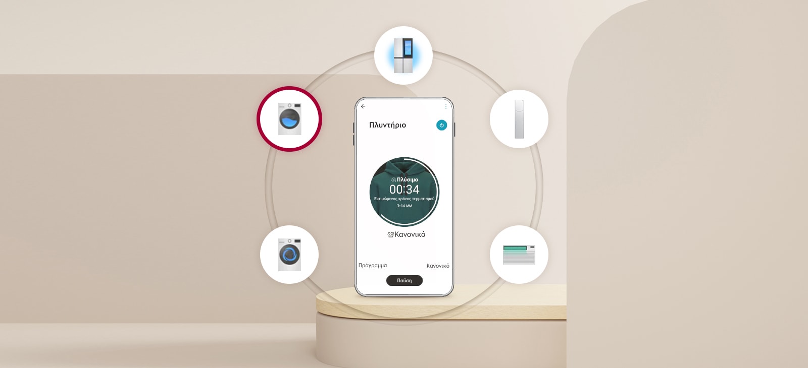 Υπάρχει ένα κινητό τηλέφωνο στο στρογγυλό δάπεδο σε μπεζ φόντο και υπάρχει μια εικόνα οικιακών συσκευών σε έξι στρογγυλούς κύκλους με το κινητό τηλέφωνο στο κέντρο