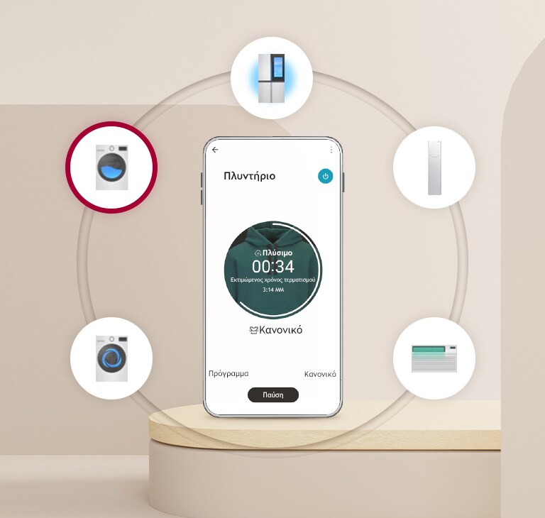 Υπάρχει ένα κινητό τηλέφωνο στο στρογγυλό δάπεδο σε μπεζ φόντο και υπάρχει μια εικόνα οικιακών συσκευών σε έξι στρογγυλούς κύκλους με το κινητό τηλέφωνο στο κέντρο