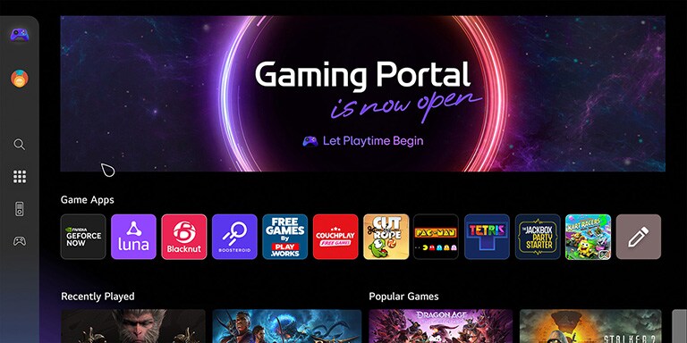 Αρχική οθόνη του Gaming Portal. Ο δρομέας μετακινείται και κάνει κλικ για να εμφανίσει πολλούς δημοφιλείς τίτλους παιχνιδιών και την πρόσθετη λειτουργία της δυνατότητας επιλογής παιχνιδιών ανάλογα με τον τύπο του χειριστηρίου που έχετε και το εάν πρόκειται για ένα game pad ή το τηλεχειριστήριο. 
