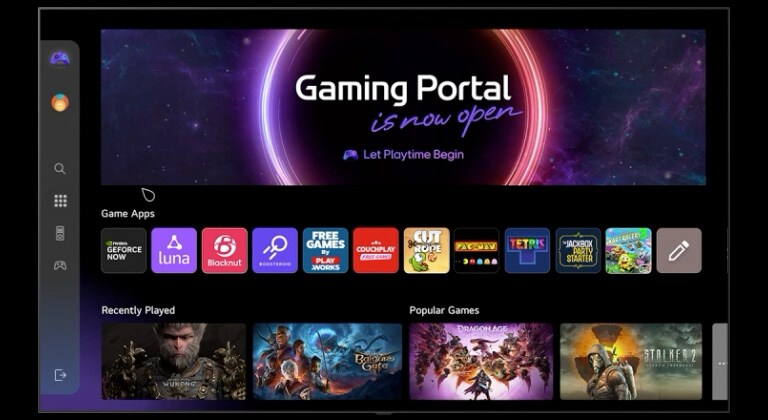 Η LG TV εμφανίζει την οθόνη του Gaming Portal, πραγματοποιώντας κύλιση προς τα κάτω στα διαθέσιμα παιχνίδια και λειτουργίες. Το βίντεο δείχνει έναν χρήστη να περιηγείται στο μενού ρυθμίσεων στα αριστερά, παρουσιάζοντας διάφορες επιλογές παιχνιδιών όπως GFN, Luna, Blacknut, Boosteroid και Xbox.