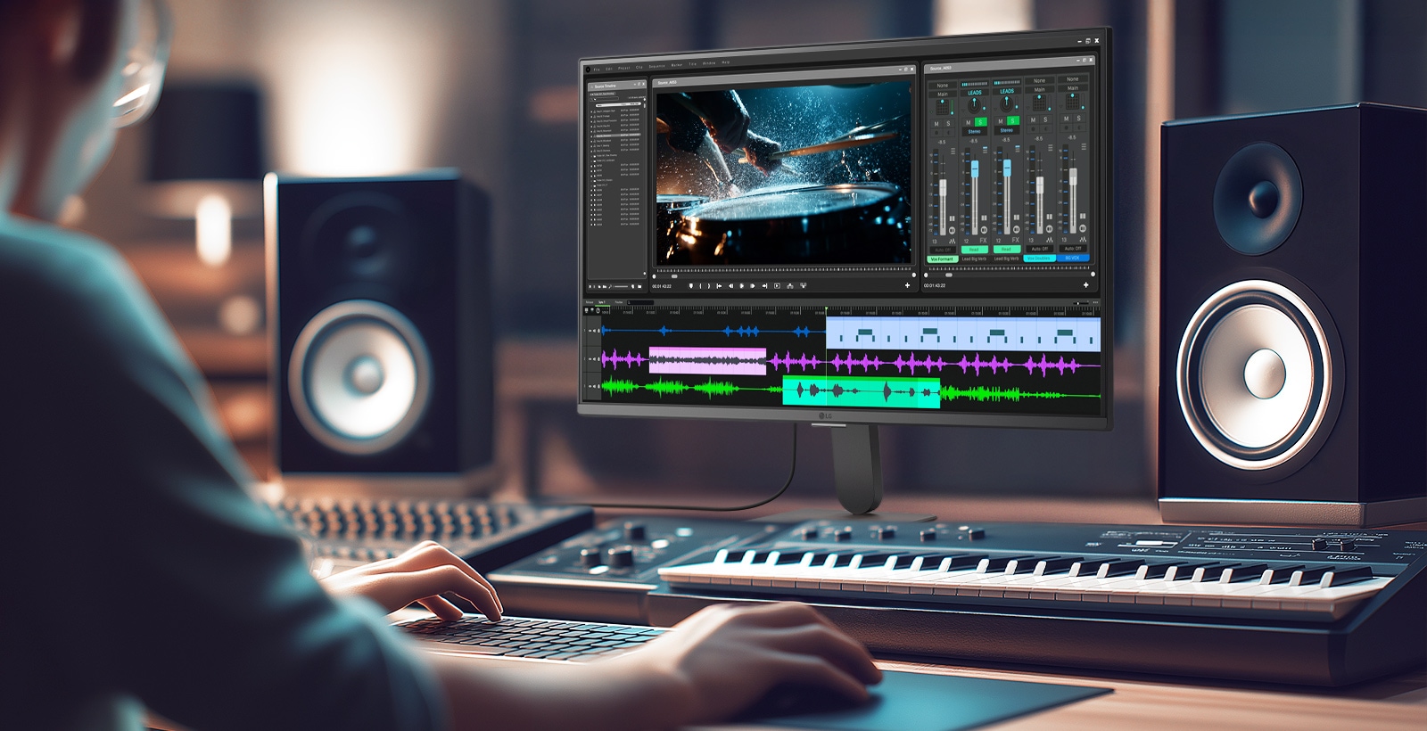 Το LG SMART Monitor εμφανίζει έναν επαγγελματικό χώρο εργασίας επεξεργασίας βίντεο και ήχου με χρονοδιάγραμμα, εργαλεία διαβάθμισης χρωμάτων και διεπαφή ανάμιξης ήχου, τονίζοντας την ανάλυση IPS 4K, την υποστήριξη HDR και την ευρεία κάλυψη χρωμάτων σε μια δημιουργική ρύθμιση στούντιο με ηχεία και πληκτρολόγιο για την παραγωγή περιεχομένου και την εργασία πολυμέσων.