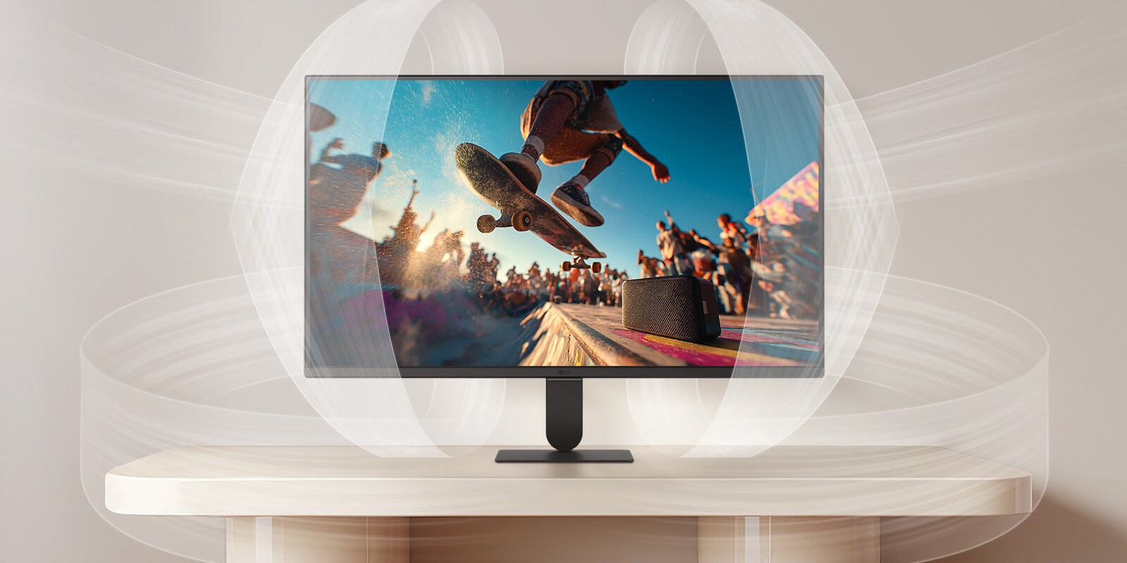 LG SMART Monitor που δείχνει το AI Sound Pro με μια κινηματογραφική σκηνή συναυλίας στην οθόνη, επισημαίνοντας καθηλωτική βελτιστοποίηση ήχου, καθαρό διάλογο και ισορροπημένη απόδοση ήχου για μια βελτιωμένη εμπειρία οικιακής ψυχαγωγίας