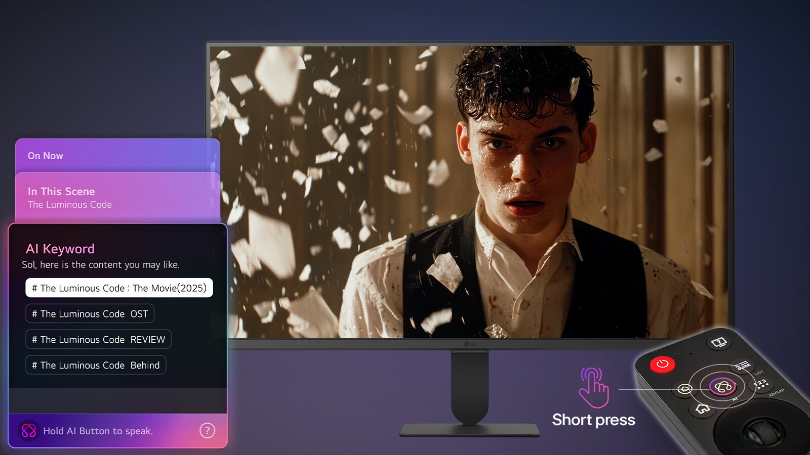Το LG SMART Monitor εμφανίζει διεπαφή AI Concierge με προτάσεις Generative AI και προτάσεις λέξεων-κλειδιών AI, που ελέγχονται από το Magic Remote, τονίζοντας την αναζήτηση περιεχομένου, την αλληλεπίδραση φωνής και την εξατομικευμένη ανακάλυψη περιεχομένου στην έξυπνη οθόνη