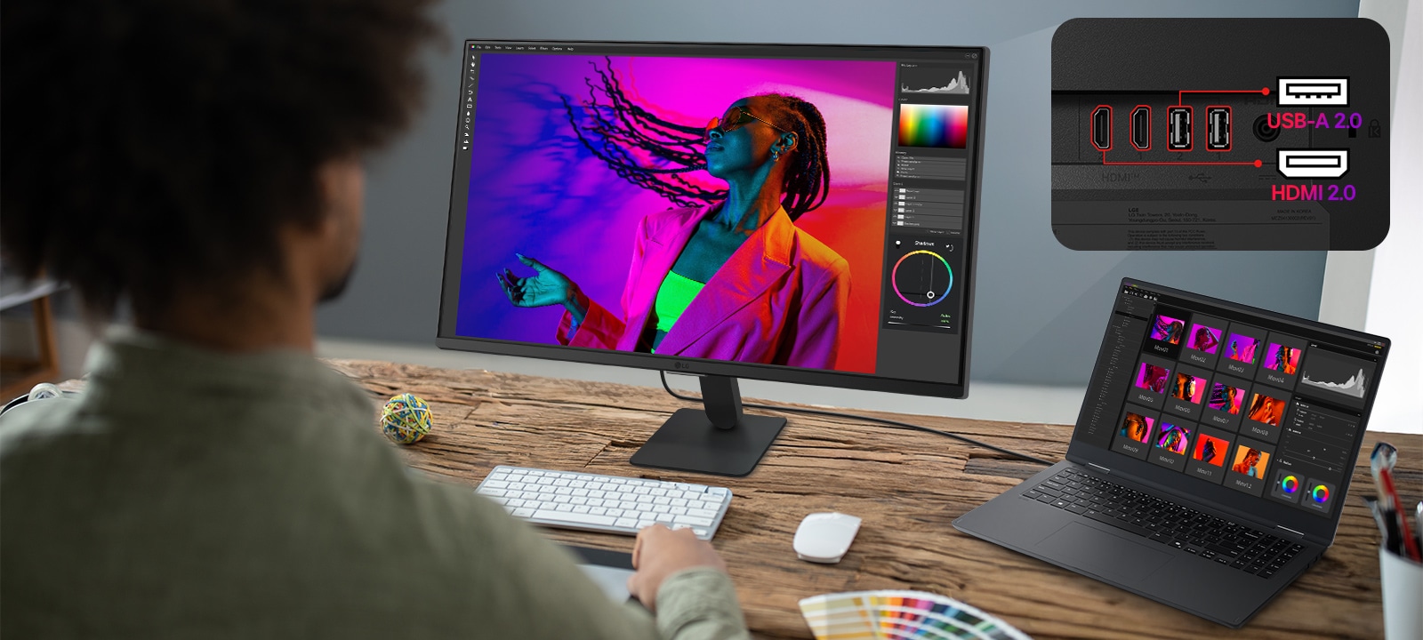 LG SMART Monitor συνδεδεμένο σε φορητό υπολογιστή μέσω USB C με φόρτιση 65W, με χώρο εργασίας επεξεργασίας φωτογραφιών, πολλαπλές θύρες, όπως USB C, USB και HDMI, επισημαίνοντας τη συνδεσιμότητα ενός καλωδίου, τη φόρτιση της συσκευής και τη ρύθμιση του σταθμού εργασίας με εστίαση στην παραγωγικότητα