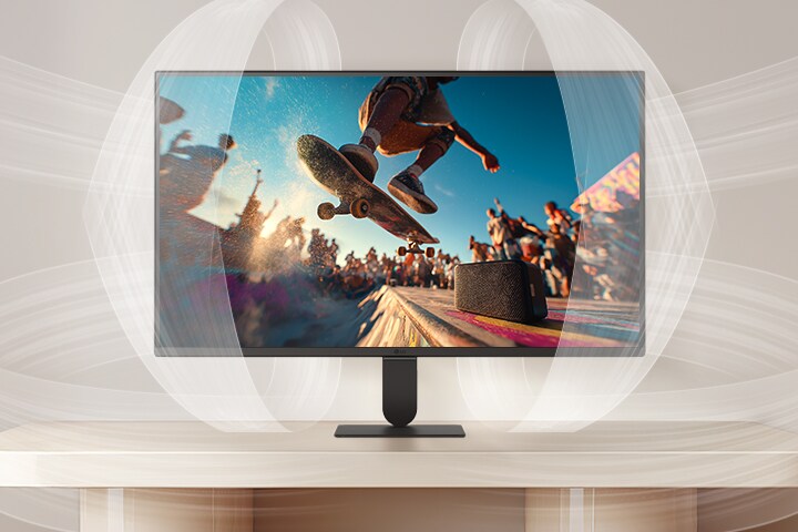 LG SMART Monitor που δείχνει το AI Sound Pro με μια κινηματογραφική σκηνή συναυλίας στην οθόνη, επισημαίνοντας καθηλωτική βελτιστοποίηση ήχου, καθαρό διάλογο και ισορροπημένη απόδοση ήχου για μια βελτιωμένη εμπειρία οικιακής ψυχαγωγίας