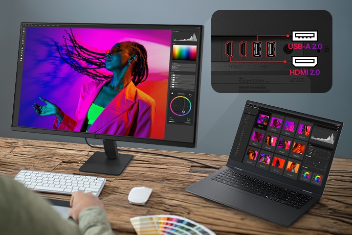 LG SMART Monitor συνδεδεμένο σε φορητό υπολογιστή μέσω USB C με φόρτιση 65W, με χώρο εργασίας επεξεργασίας φωτογραφιών, πολλαπλές θύρες, όπως USB C, USB και HDMI, επισημαίνοντας τη συνδεσιμότητα ενός καλωδίου, τη φόρτιση της συσκευής και τη ρύθμιση του σταθμού εργασίας με εστίαση στην παραγωγικότητα