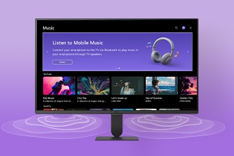 Η οθόνη LG Smart Monitor εμφανίζει τη διεπαφή εφαρμογών μουσικής.