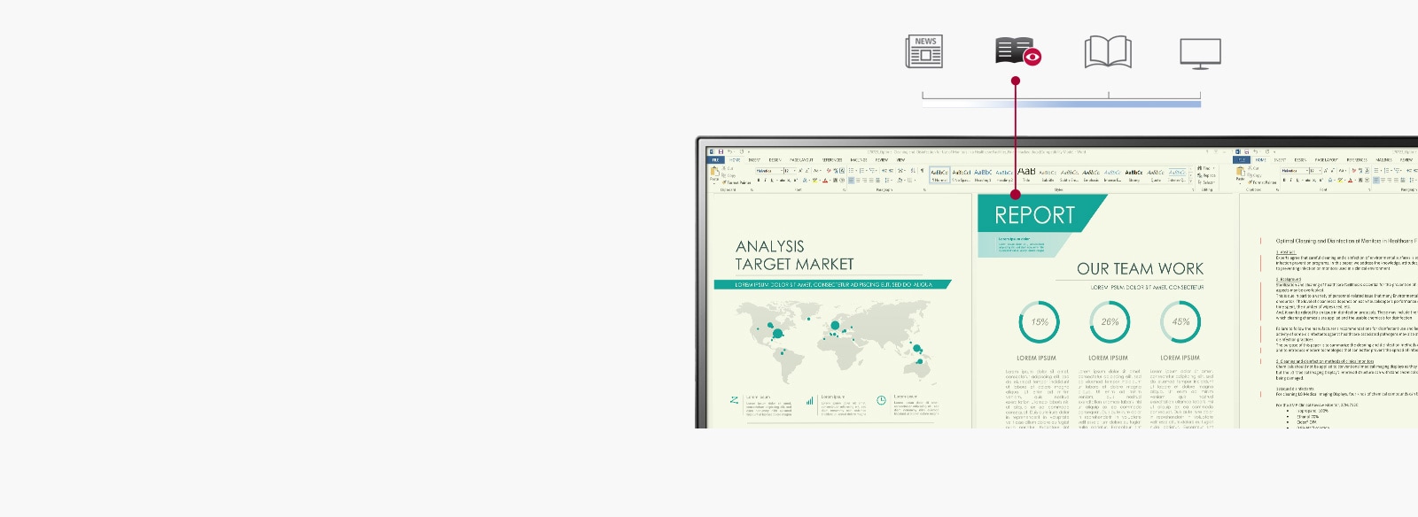 Απεικόνιση μιας εργασίας στην οθόνη, όπου εκπέμπεται μειωμένος μπλε φωτισμός με θερμοκρασία χρώματος που μοιάζει με εκείνη του χαρτιού, σε σύγκριση με τη συμβατική λειτουργία