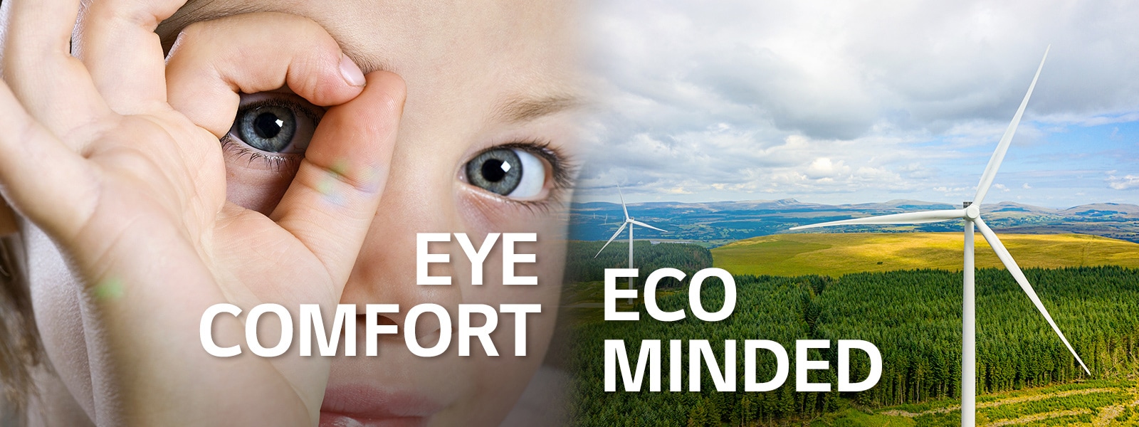 Κοντινό πλάνο αριστερά στο μάτι ενός παιδιού και το σκηνικό μιας πεδιάδας με ανεμόμυλους.