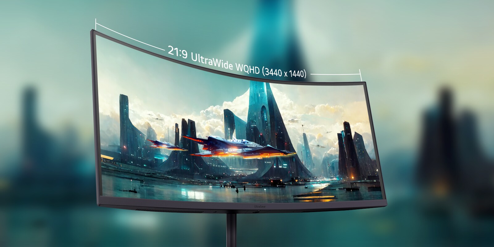 Κυρτή οθόνη UltraWide WQHD 21:9 (3440x1440) που δείχνει έναν φουτουριστικό ορίζοντα πόλης με ένα διαστημόπλοιο να πετά πάνω από φωτιζόμενους πύργους.	
