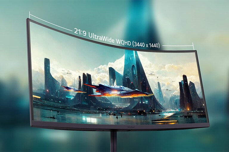 Κυρτή οθόνη UltraWide WQHD 21:9 (3440x1440) που δείχνει έναν φουτουριστικό ορίζοντα πόλης με ένα διαστημόπλοιο να πετά πάνω από φωτιζόμενους πύργους.	