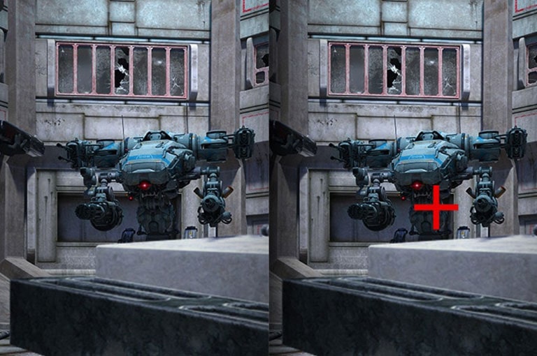 Σύγκριση του Crosshair - Η αριστερή εικόνα είναι το «Crosshair» ανενεργό και η δεξιά εικόνα είναι το «Crosshair» ενεργό