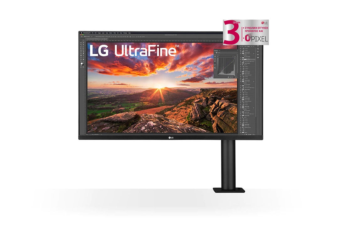 LG Μόνιτορ 27'' UHD 4K Ergo IPS με θύρα USB Type-C™, μπροστινή όψη με βραχίονα οθόνης στα δεξιά, 27UN880-B