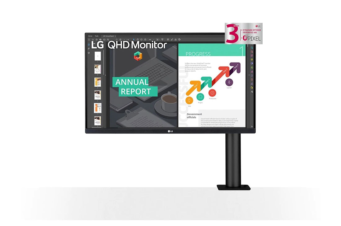 LG Οθόνη 27'' QHD Ergo IPS με θύρα USB Type-C™, Μπροστινή όψη βραχίονα μόνιτορ στα δεξιά, 27QN880-B
