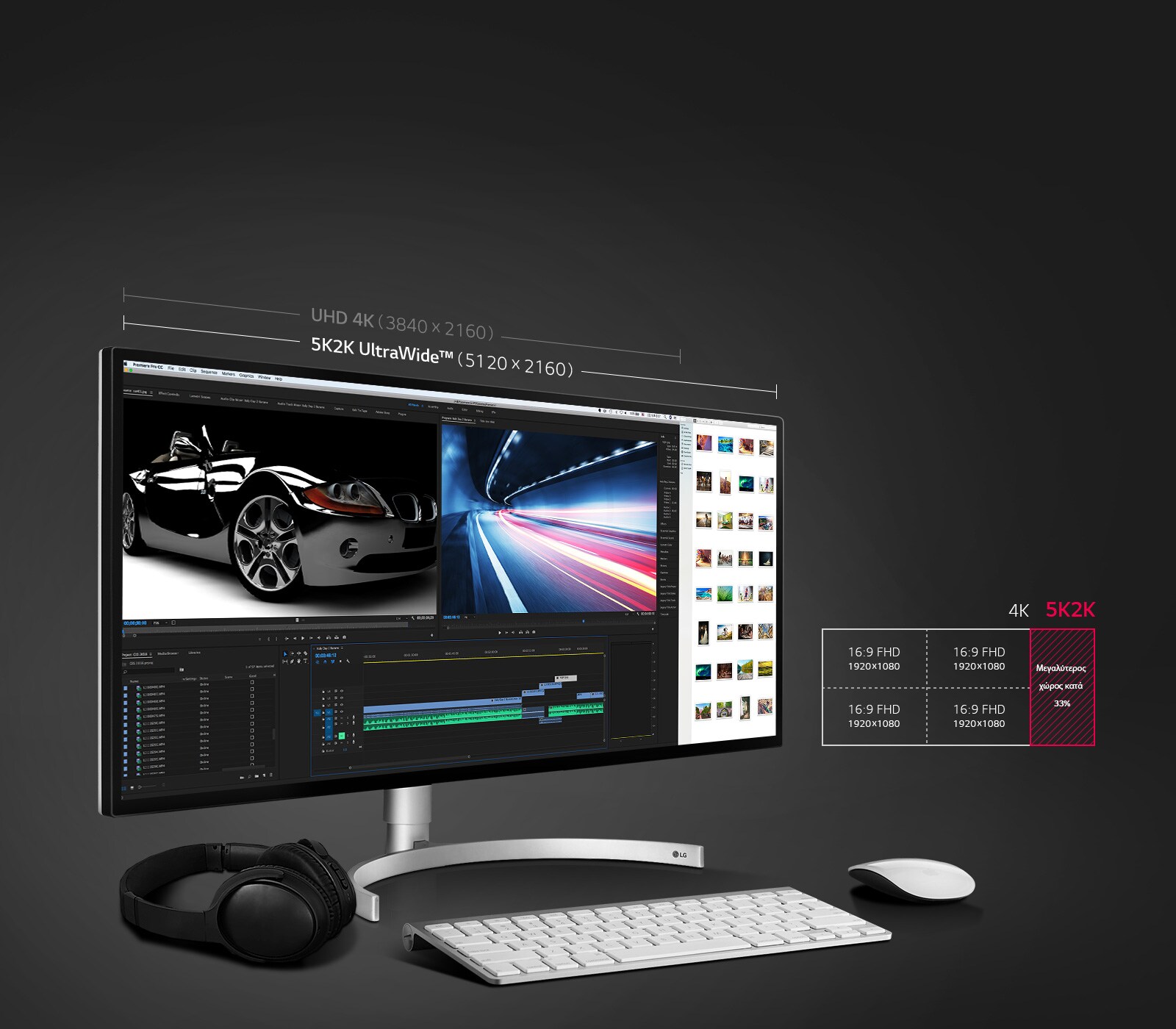 Η 5K2K UltraWide™ (5120x2160) παρέχει περισσότερο χώρο κατά 33% σε σύγκριση με μια οθόνη UHD 4K (3840x2160).