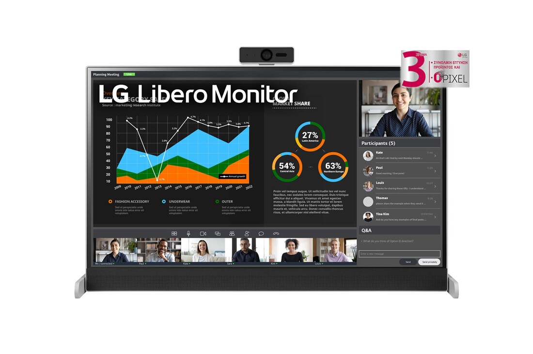 LG Οθόνη Libero 27 ιντσών QHD με αποσπώμενη Webcam, μπροστινή όψη του τύπου βάσης και της αποσπώμενης webcam, 27BQ70QC-S