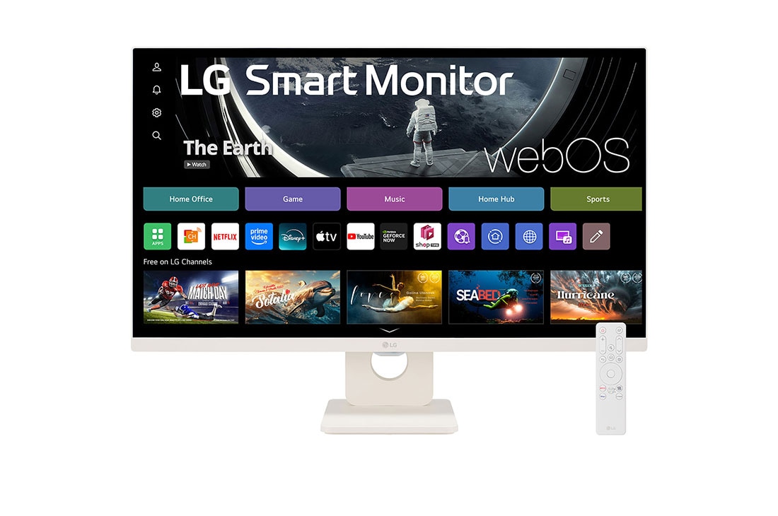 LG Smart Monitor IPS 27'' Full HD με webOS, μπροστινή όψη με τηλεχειριστήριο, 27SR50F-W