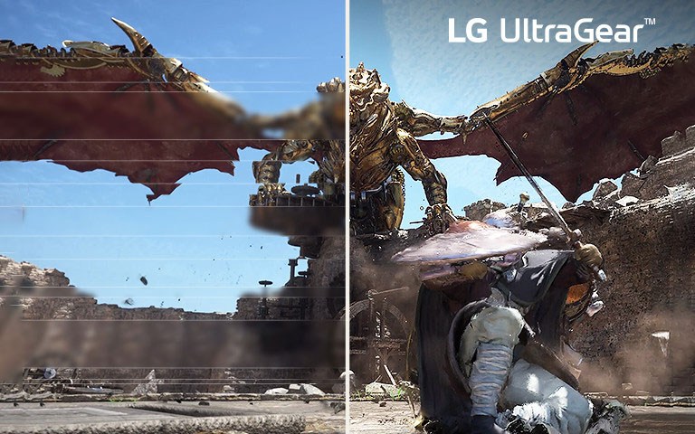 Εικόνα σύγκρισης fluid gaming - Η αριστερή εικόνα παρουσιάζει αλλοιώσεις και η δεξιά εικόνα είναι χωρίς αλλοιώσεις.