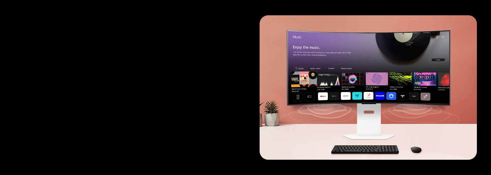 Η οθόνη της έξυπνης οθόνης που είναι τοποθετημένη στο τραπέζι προβάλλει την οθόνη MUSIC APP.