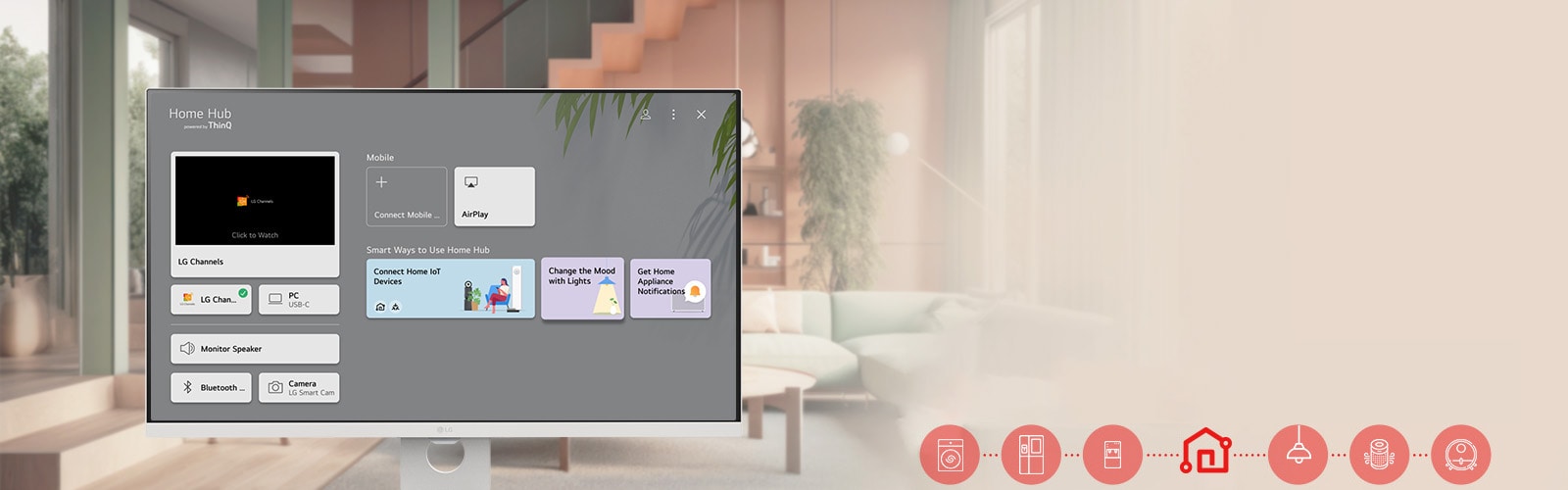 Η οθόνη του LG Smart Monitor δείχνει τη διεπαφή του ThinQ Home Dashboard.	