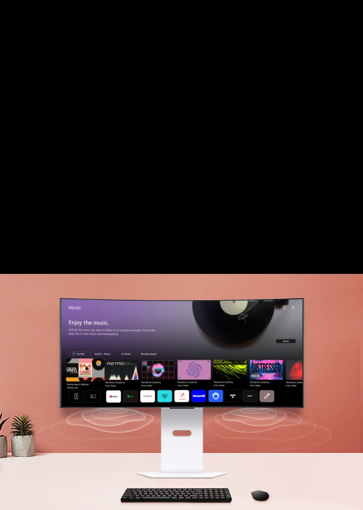 Η οθόνη της έξυπνης οθόνης που είναι τοποθετημένη στο τραπέζι προβάλλει την οθόνη MUSIC APP.