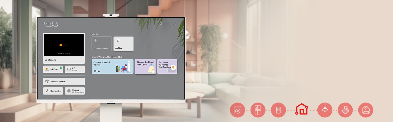 Η οθόνη του LG Smart Monitor δείχνει τη διεπαφή του ThinQ Home Dashboard.