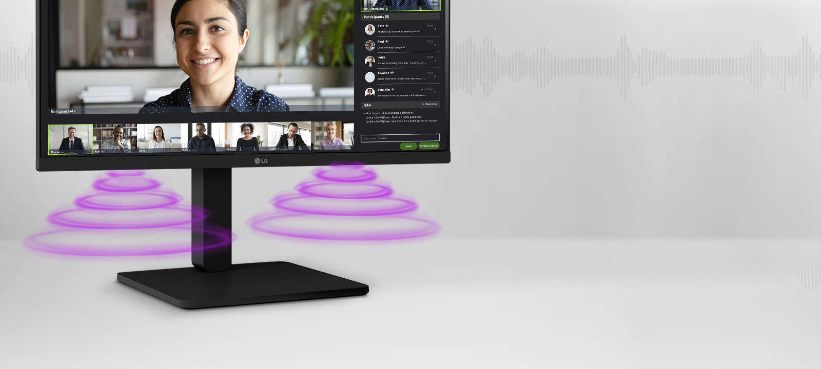 Πλαϊνή όψη που δείχνει μια σκηνή τηλεδιάσκεψης στην οθόνη.