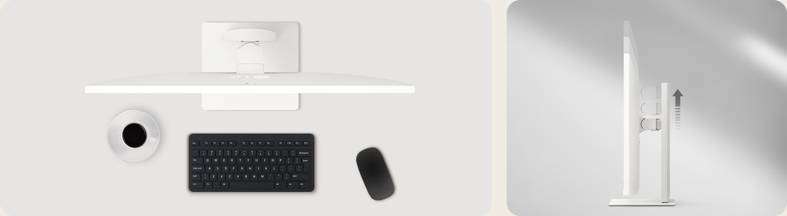 Το LG Smart Monitor πάνω σε γραφείο με πληκτρολόγιο, ποντίκι και φλιτζάνι καφέ, σε λήψη από ψηλά, δίπλα σε πλευρική όψη που αναδεικνύει τη ρύθμιση ύψους