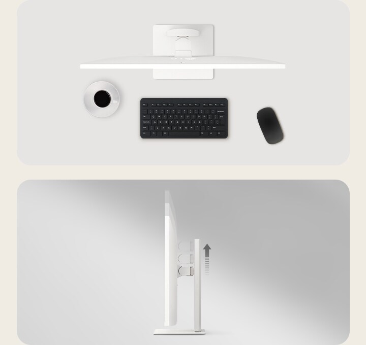 Το LG Smart Monitor πάνω σε γραφείο με πληκτρολόγιο, ποντίκι και φλιτζάνι καφέ, σε λήψη από ψηλά, δίπλα σε πλευρική όψη που αναδεικνύει τη ρύθμιση ύψους