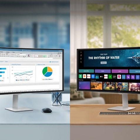 Μια φωτογραφία που δείχνει LG Smart Monitors σε ένα γραφείο και σπίτι.