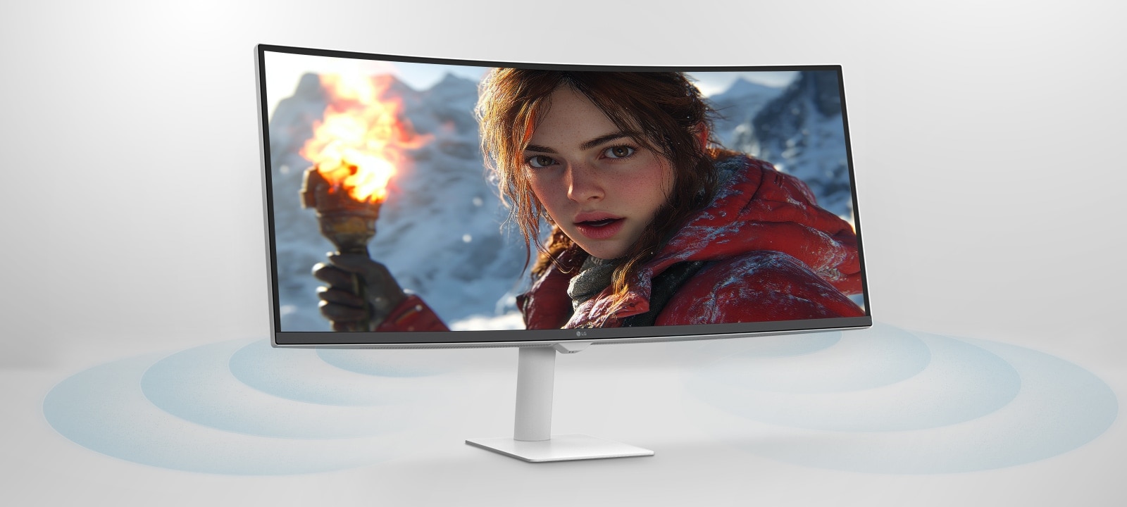 Οθόνη που παρουσιάζει μια ζωντανή σκηνή βίντεο, ακολουθούμενη από μια οθόνη multitasking με βιντεοδιάσκεψη και διαγράμματα μετοχών σε πραγματικό χρόνο, δίνοντας έμφαση στον καθηλωτικό ήχο και τις λειτουργίες παραγωγικότητας.