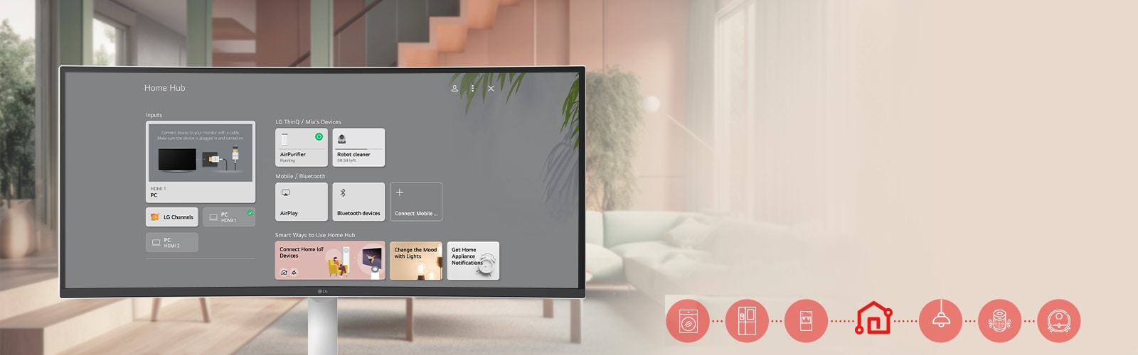 Η οθόνη του LG Smart Monitor δείχνει τη διεπαφή του ThinQ Home Dashboard.