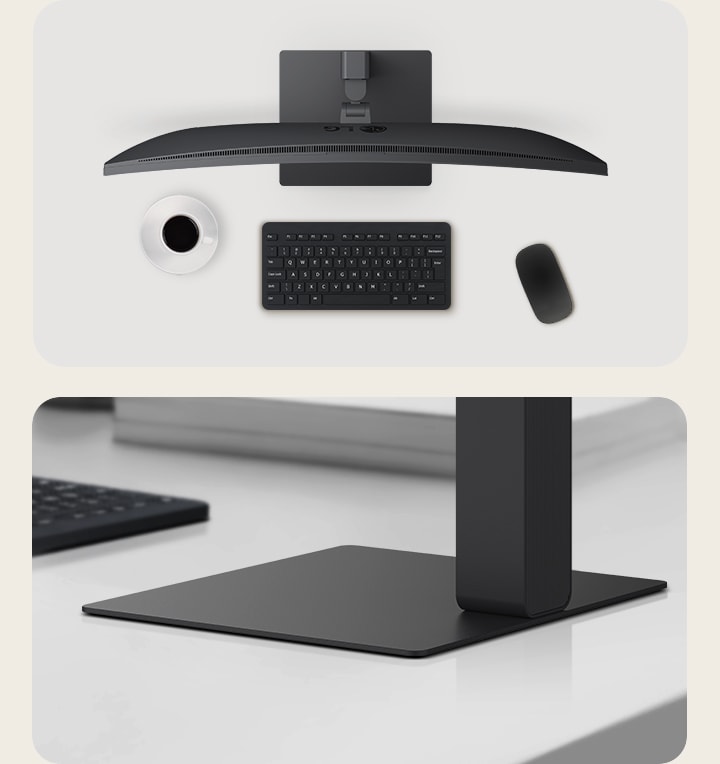 Κάτοψη μιας κυρτής οθόνης UltraWide σε ένα γραφείο με ένα φλιτζάνι καφέ, ασύρματο πληκτρολόγιο και ποντίκι, μαζί με ένα κοντινό πλάνο της λεπτής, τετράγωνης βάσης οθόνης που έχει σχεδιαστεί για σταθερότητα και έναν χώρο εργασίας χωρίς ακαταστασία.