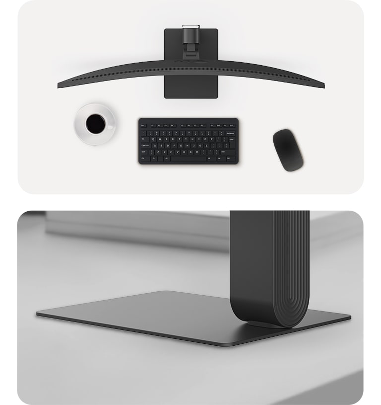 Κάτοψη μιας κυρτής οθόνης LG UltraWide σε ένα γραφείο με ένα φλιτζάνι καφέ, ασύρματο πληκτρολόγιο και ποντίκι, μαζί με ένα κοντινό πλάνο της λεπτής, τετράγωνης βάσης οθόνης που έχει σχεδιαστεί για σταθερότητα και έναν χώρο εργασίας χωρίς ακαταστασία.